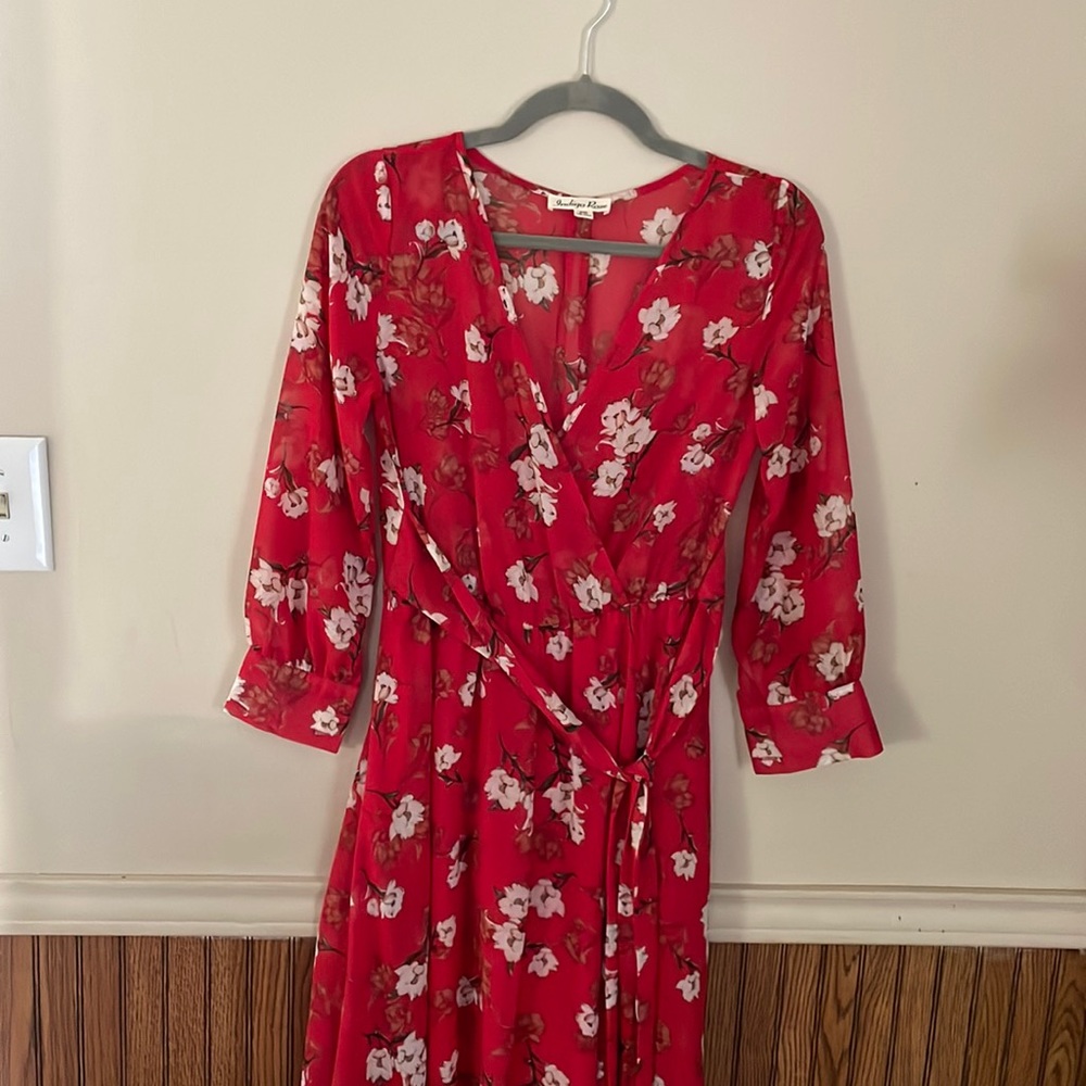 Red, floral, sheer topped dress.